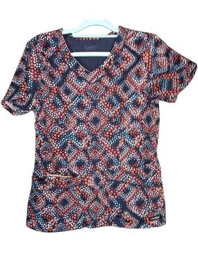 Landau Women's Short Sleeve V-Neck Scrub Top - Navy & Coral Dot Print